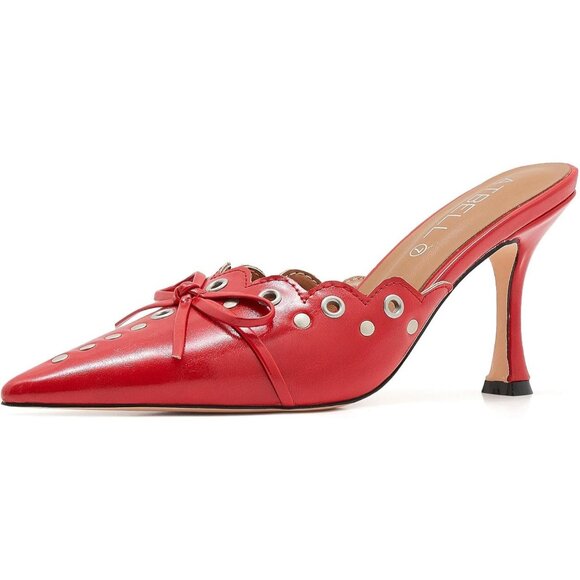 Red Fashion Pointed Toe Women Heels Eyelet Detail Slip On High Heel Mules - Picture 6 of 6